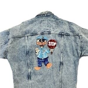 Vintage 80’s Upcycled WHIPP Oversized Acid Wash Jean Jacket Sequins Donald Duck